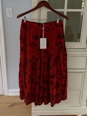 Garnet Hill Red/Orange Floral Tiered Midi Skirt
